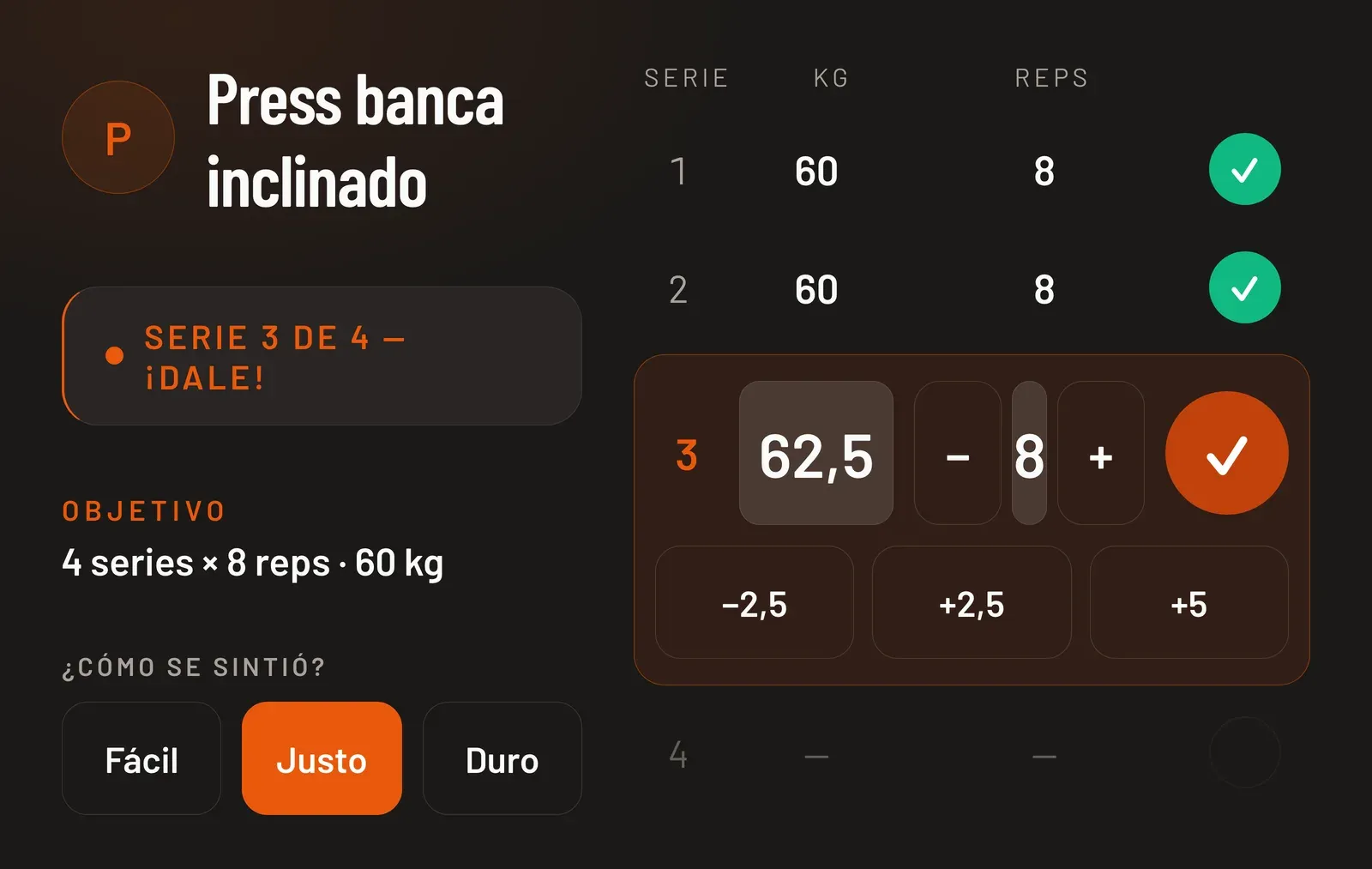 Modo Entrenando de Upfit: grilla de series con kg y reps, un tap por serie y esfuerzo percibido.