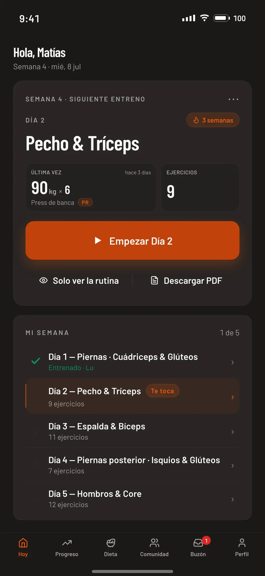 App de Upfit: Home del alumno con su siguiente entreno, racha y el tablero Mi semana.