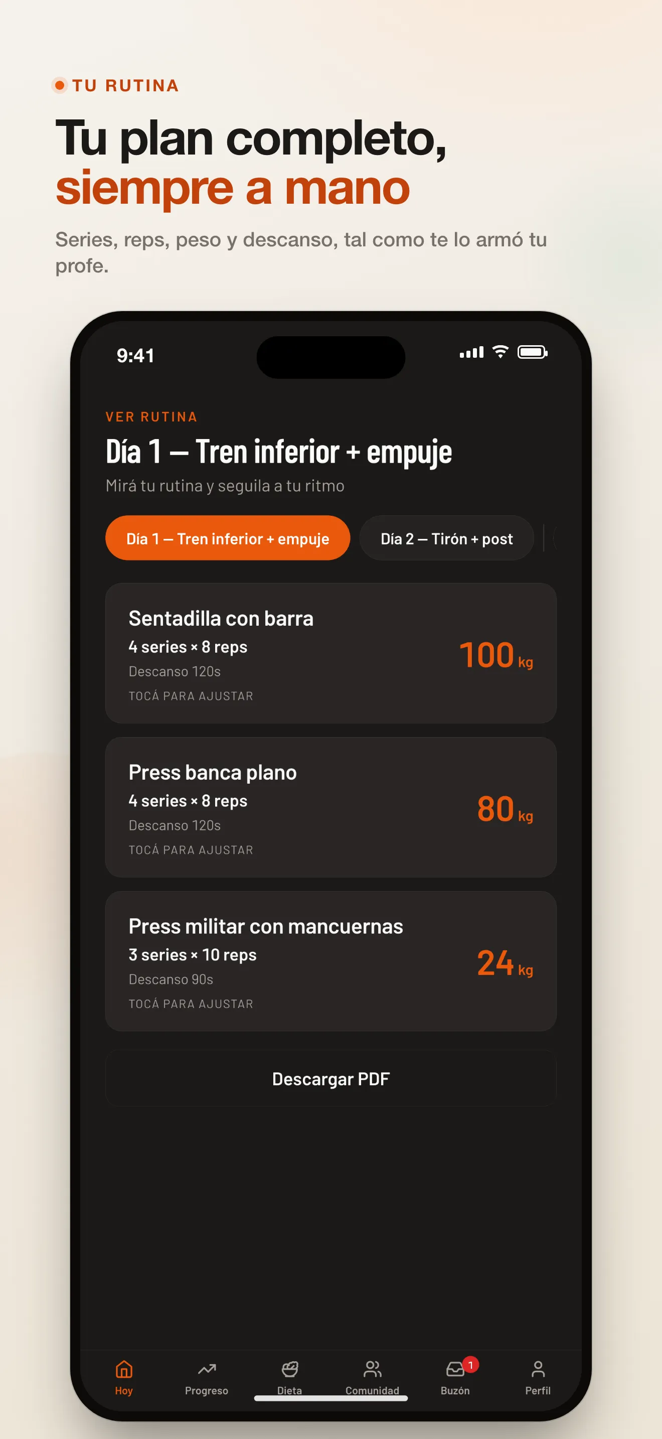 Pantalla de la rutina del día en la app de Upfit: ejercicios, series, repeticiones, peso y descansos.