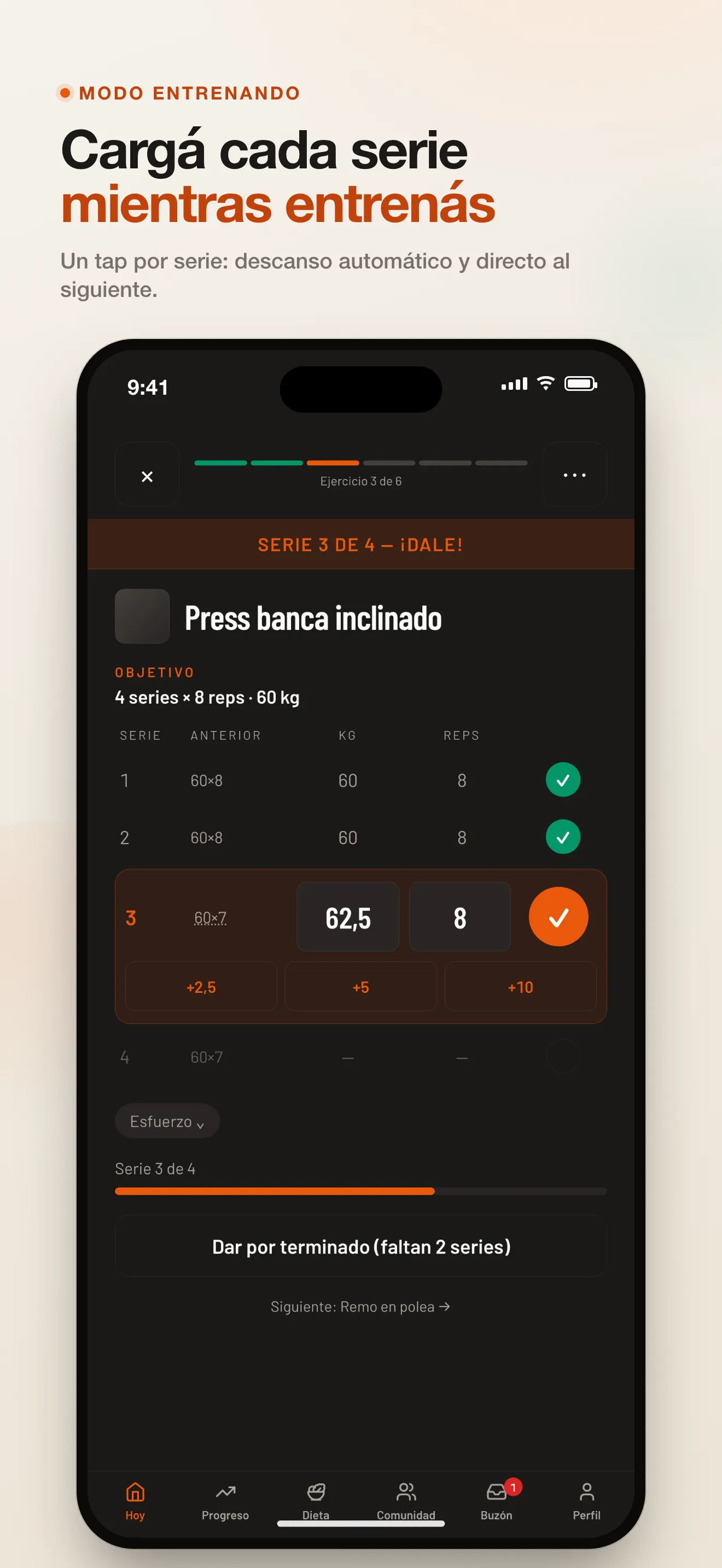 Modo Entrenando en la app de Upfit: registro de la serie en curso, RPE y temporizador de descanso.