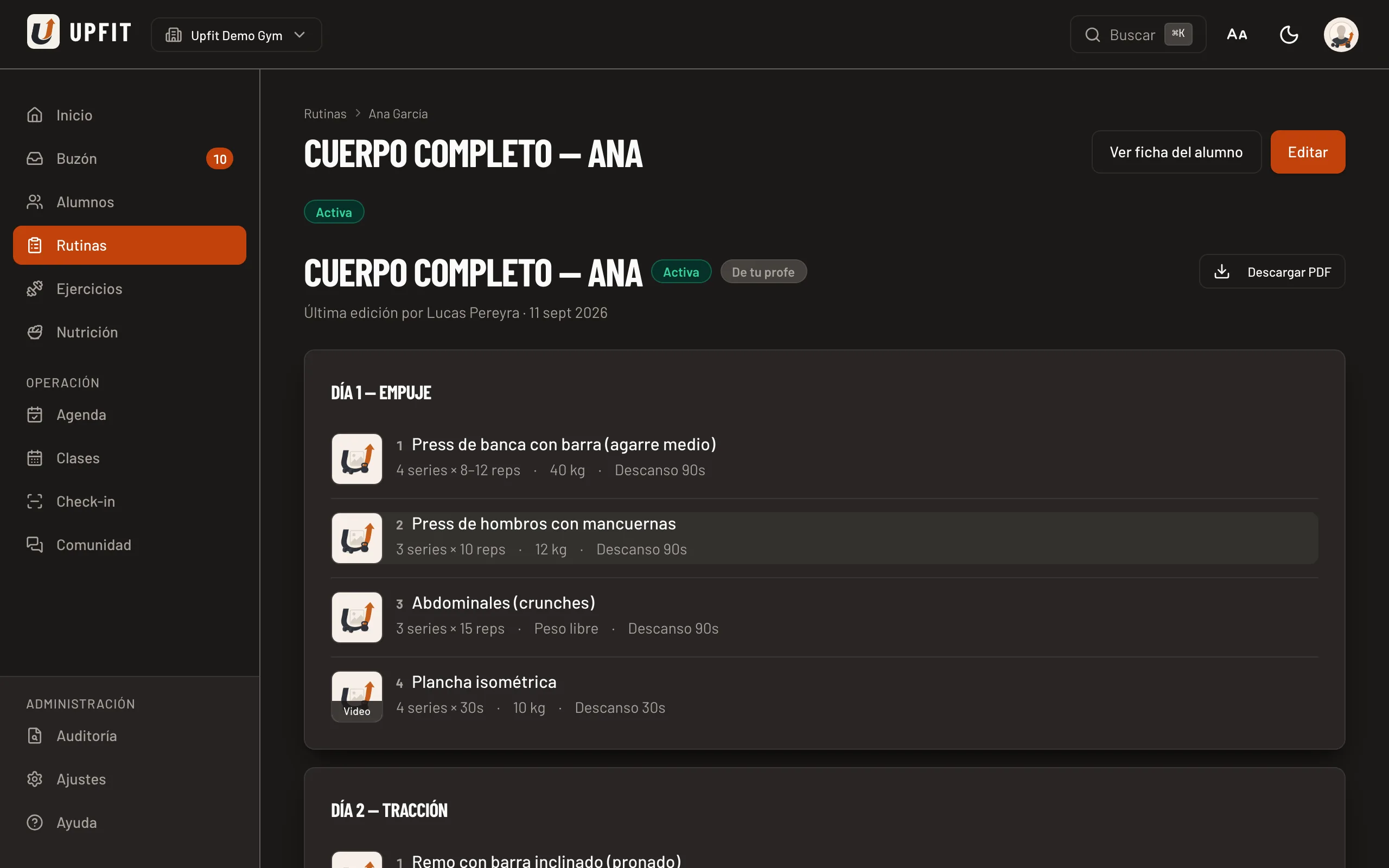 Panel del entrenador de Upfit para trabajar con la rutina de un alumno