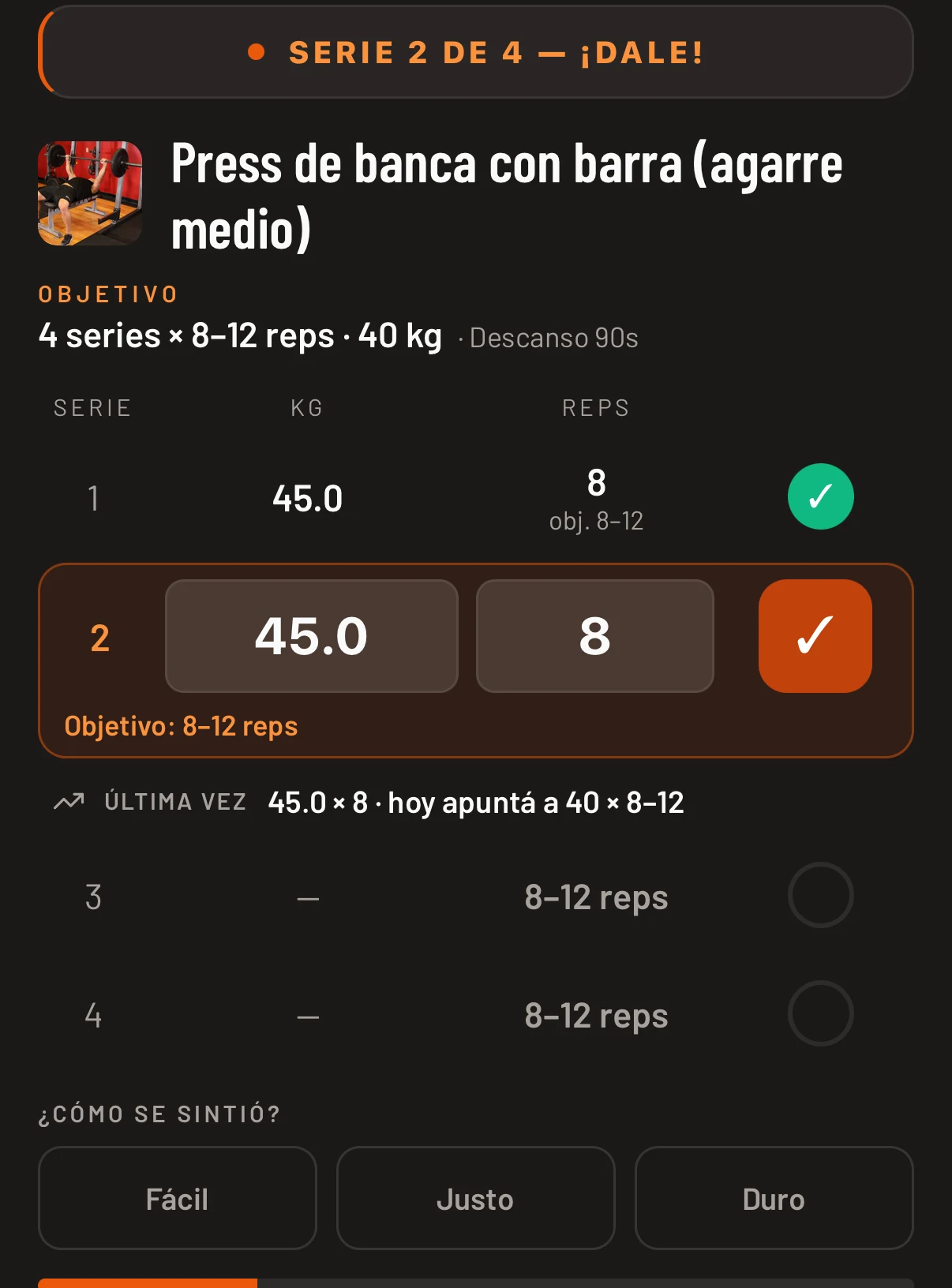 App del alumno de Upfit con registro de kilos y repeticiones por serie